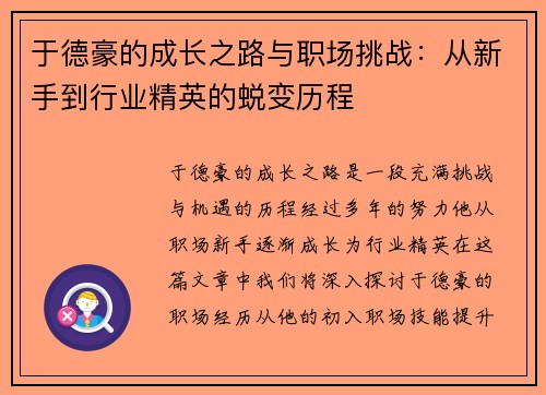 于德豪的成长之路与职场挑战：从新手到行业精英的蜕变历程
